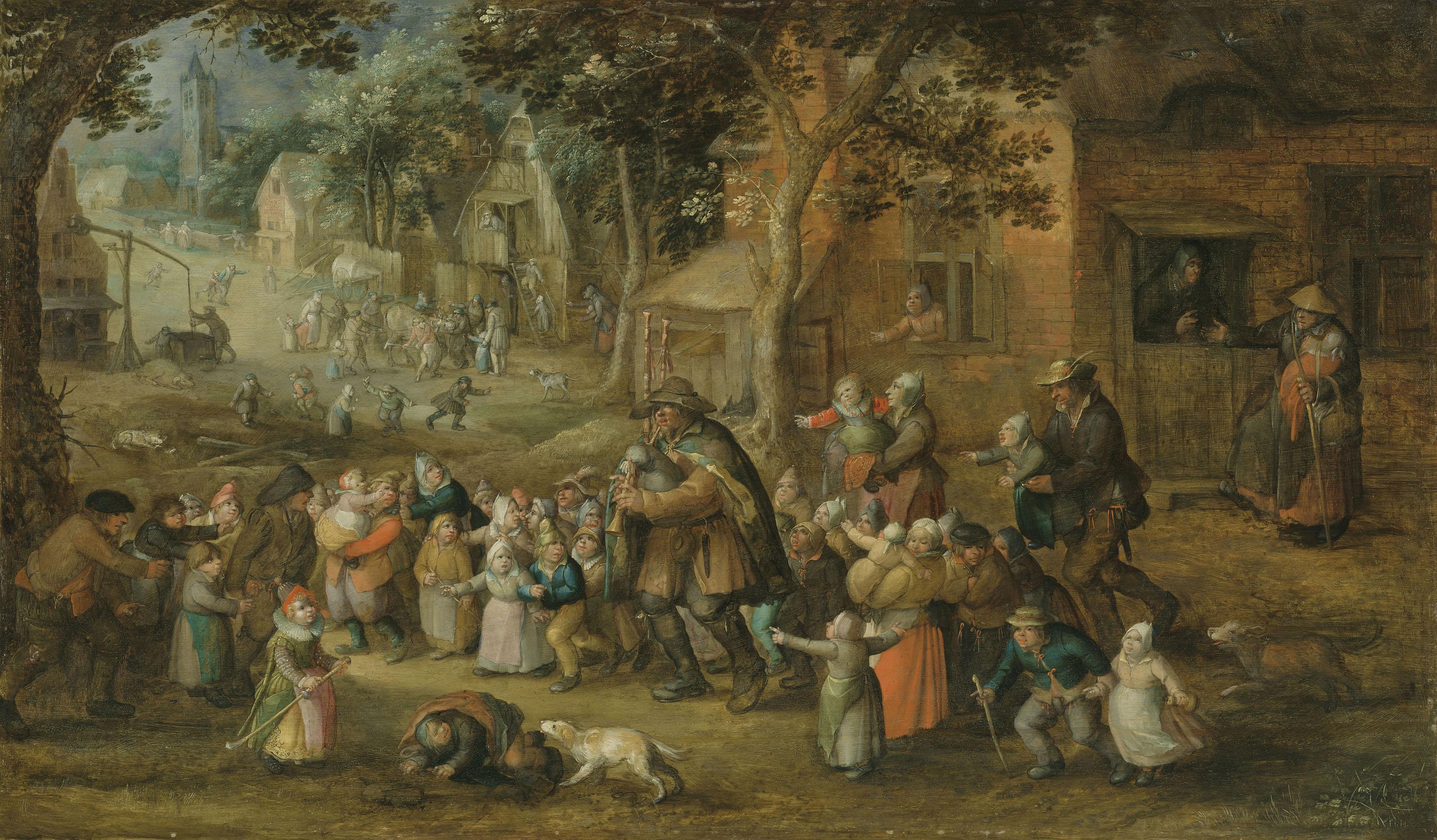 David Vinckboons - A hurdy-gurdy player surrounded by village children