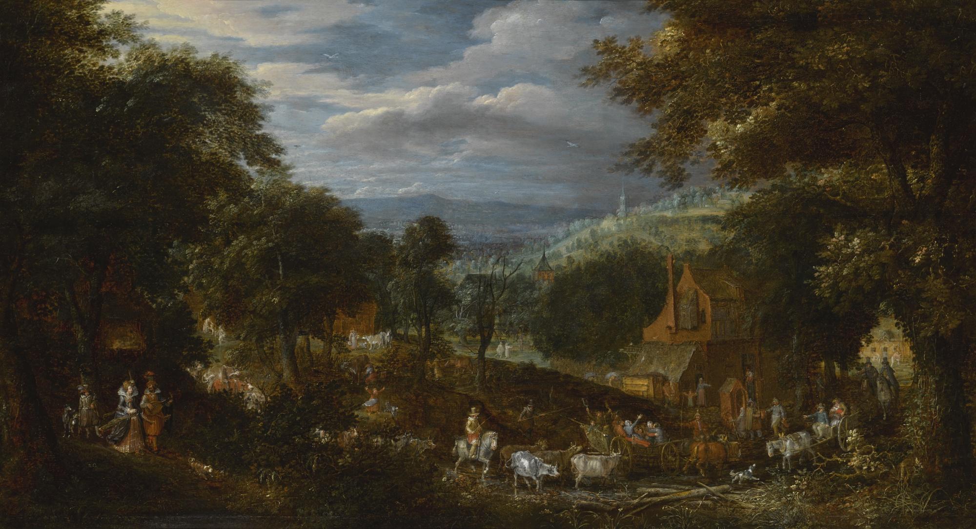 David Vinckboons - A Wooded Landscape With Elegant Figures Promenading, And Villagers With Their Cattle