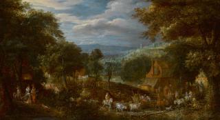 David Vinckboons - A wooded landscape with elegant figures promenading, and villagers with their cattle