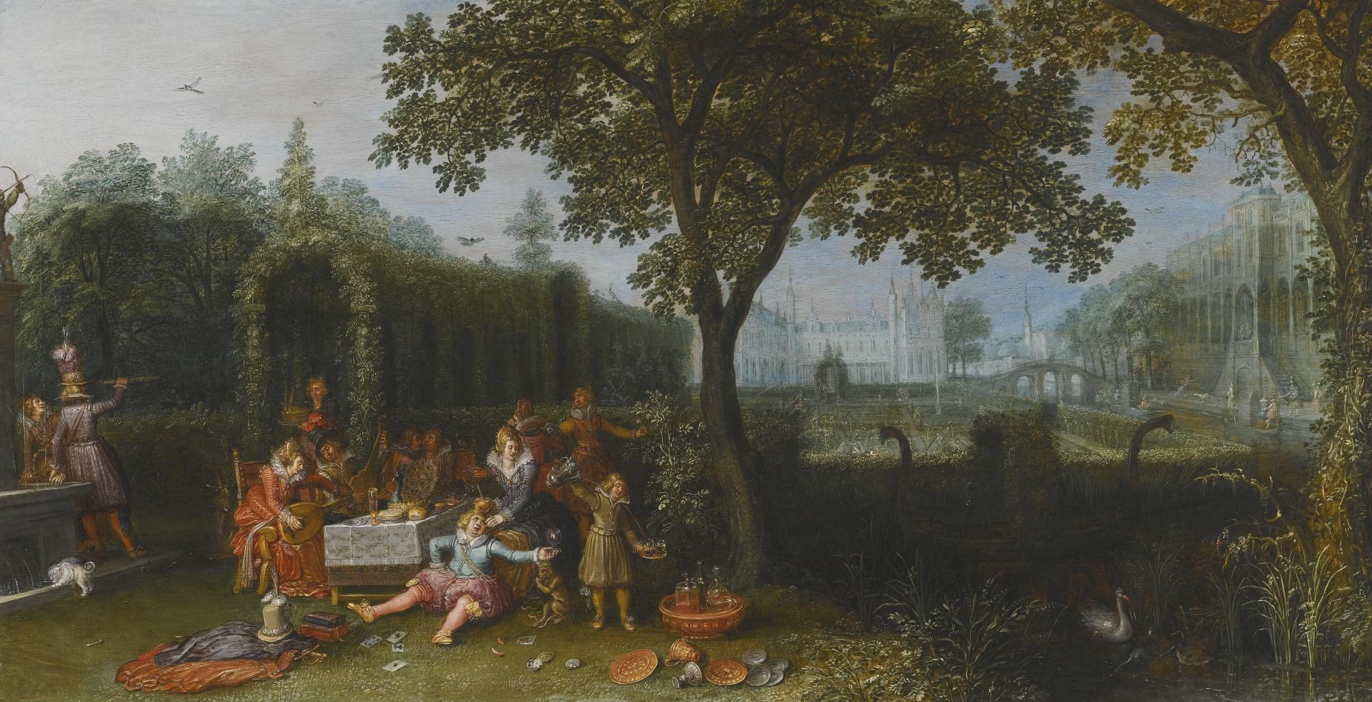 David Vinckboons - An Elegant Party In An Ornate Palace Garden