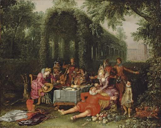David Vinckboons - Elegant company in an ornamental garden