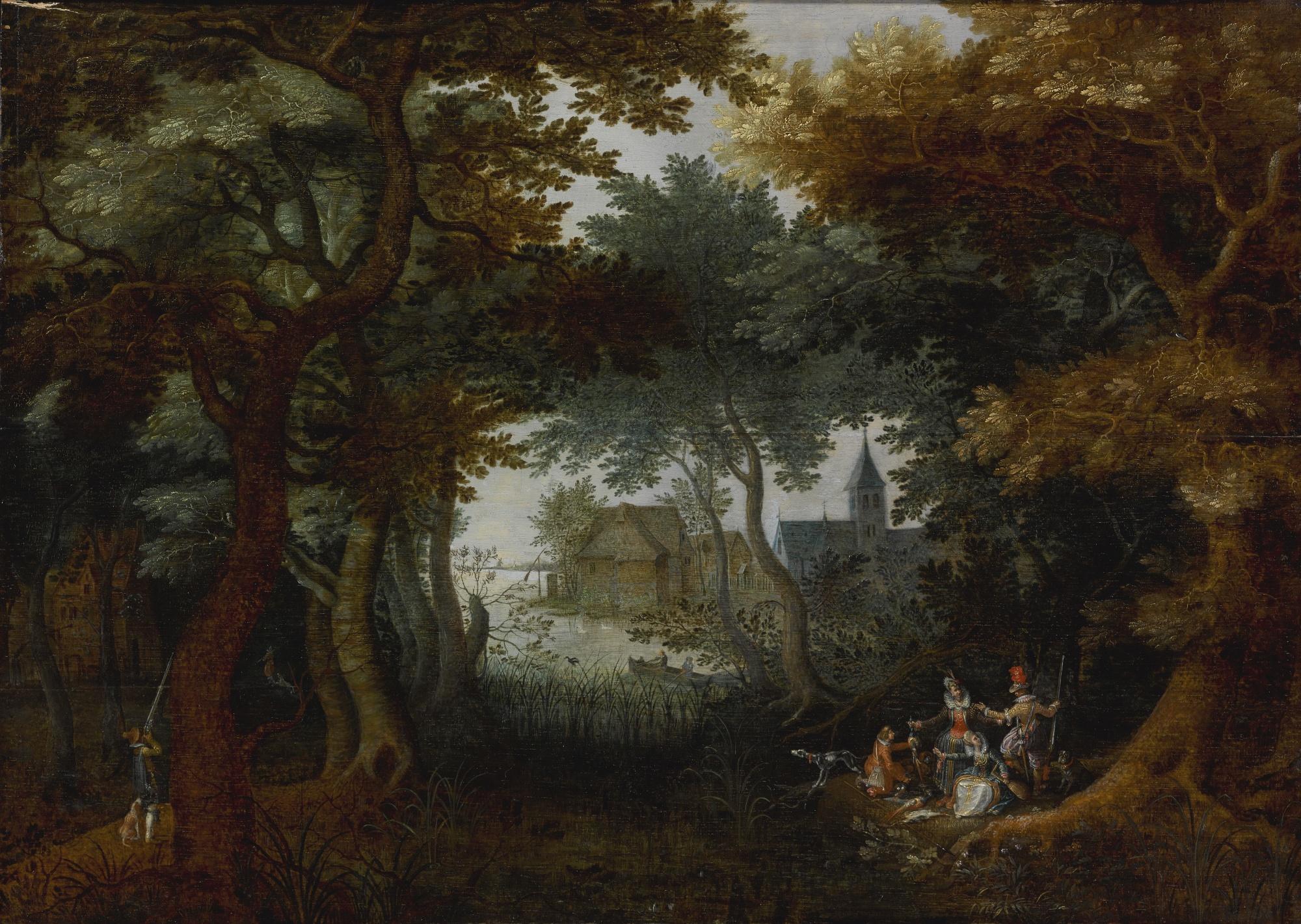 David Vinckboons - Elegant Hunting Party At Rest In A Forest