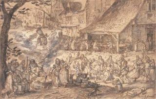 David Vinckboons - Une kermesse de village: Des paysans dansant et cuisinant sur une place de village