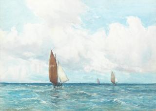 David West RSW - Fishing Boats Under Full Sail