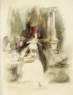 David Wilkie, R.A. - Portrait of Julia Emily Gordon, full-length, wearing an African fez, in a garden