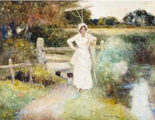 David Woodlock - A country girl standing beside a stream holding a rake