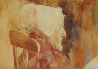 David Woodlock - Portrait of an old woman before a fire