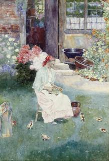 David Woodlock - Shelling peas, chicks looking on in expectation