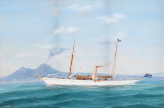 De Simone - S.Y. Sirius in the Bay of Naples with Vesuvius in the distance