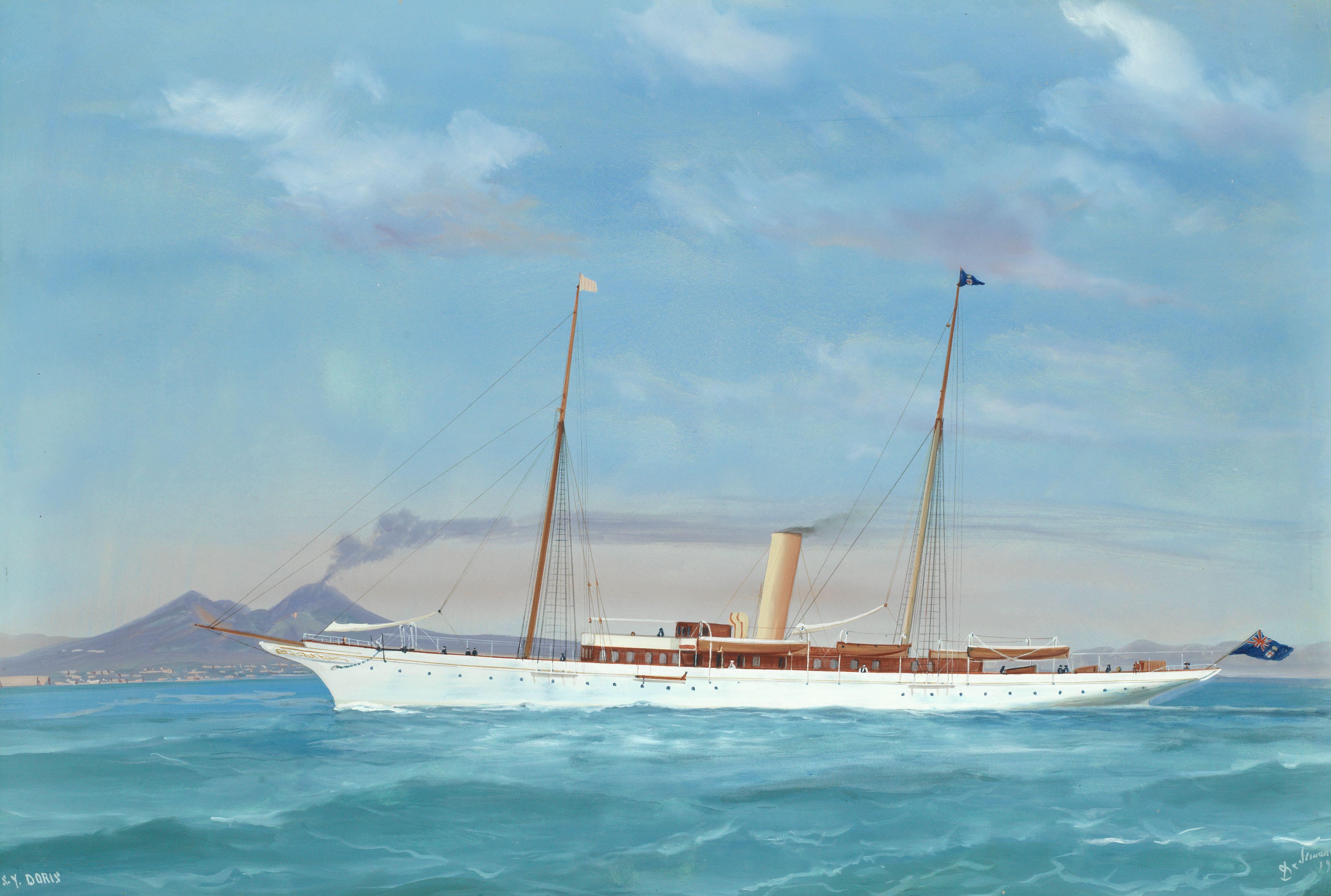 De Simone - SY Doris in the Bay of Naples with Vesuvius beyond