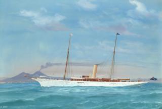 De Simone - SY Doris in the Bay of Naples with Vesuvius beyond