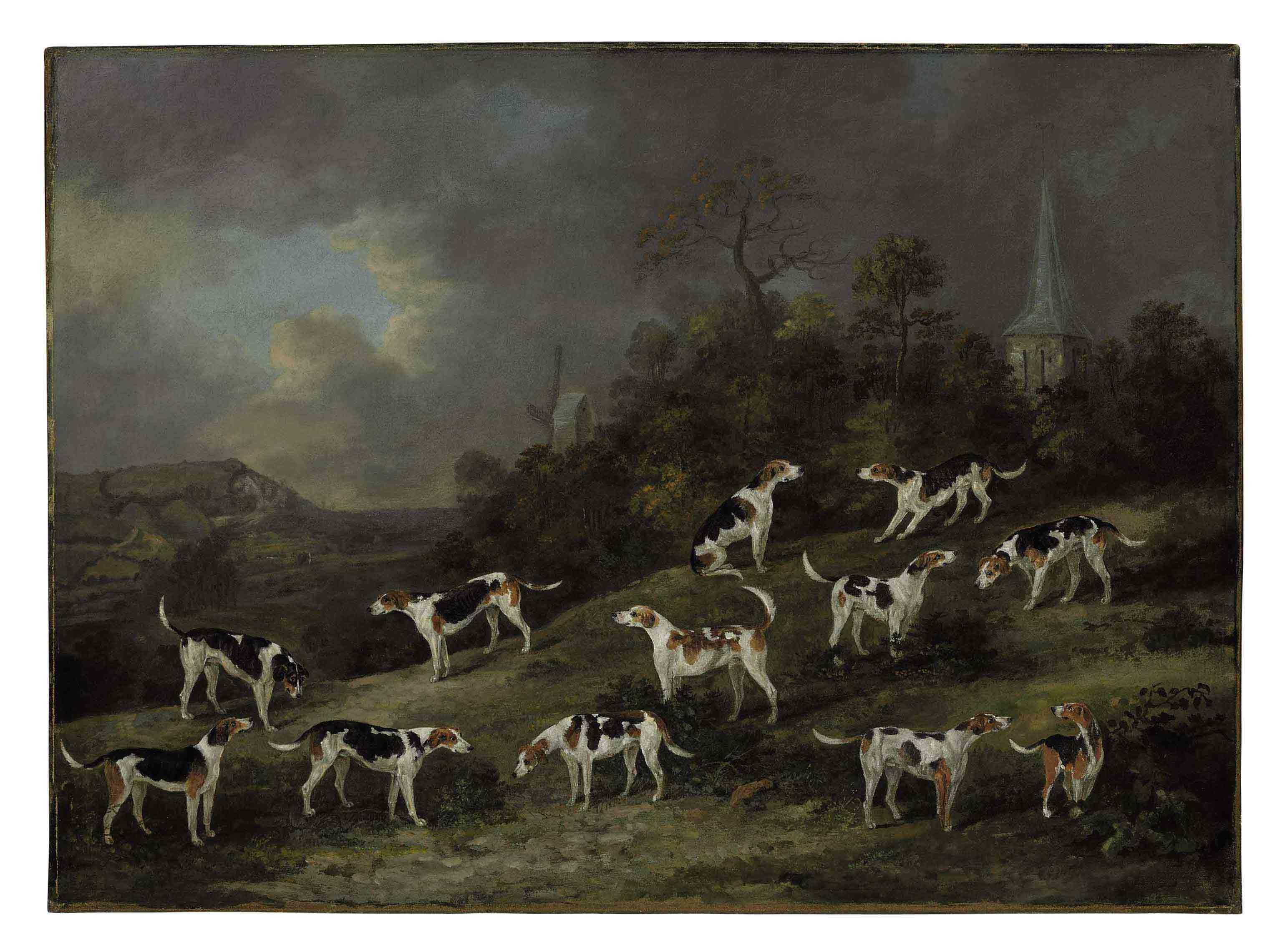 Dean Wolstenholme, Sen. - Hounds of Colonel Hylton Joliffe of Merstham House, Surrey with Merstham Church and Mill beyond