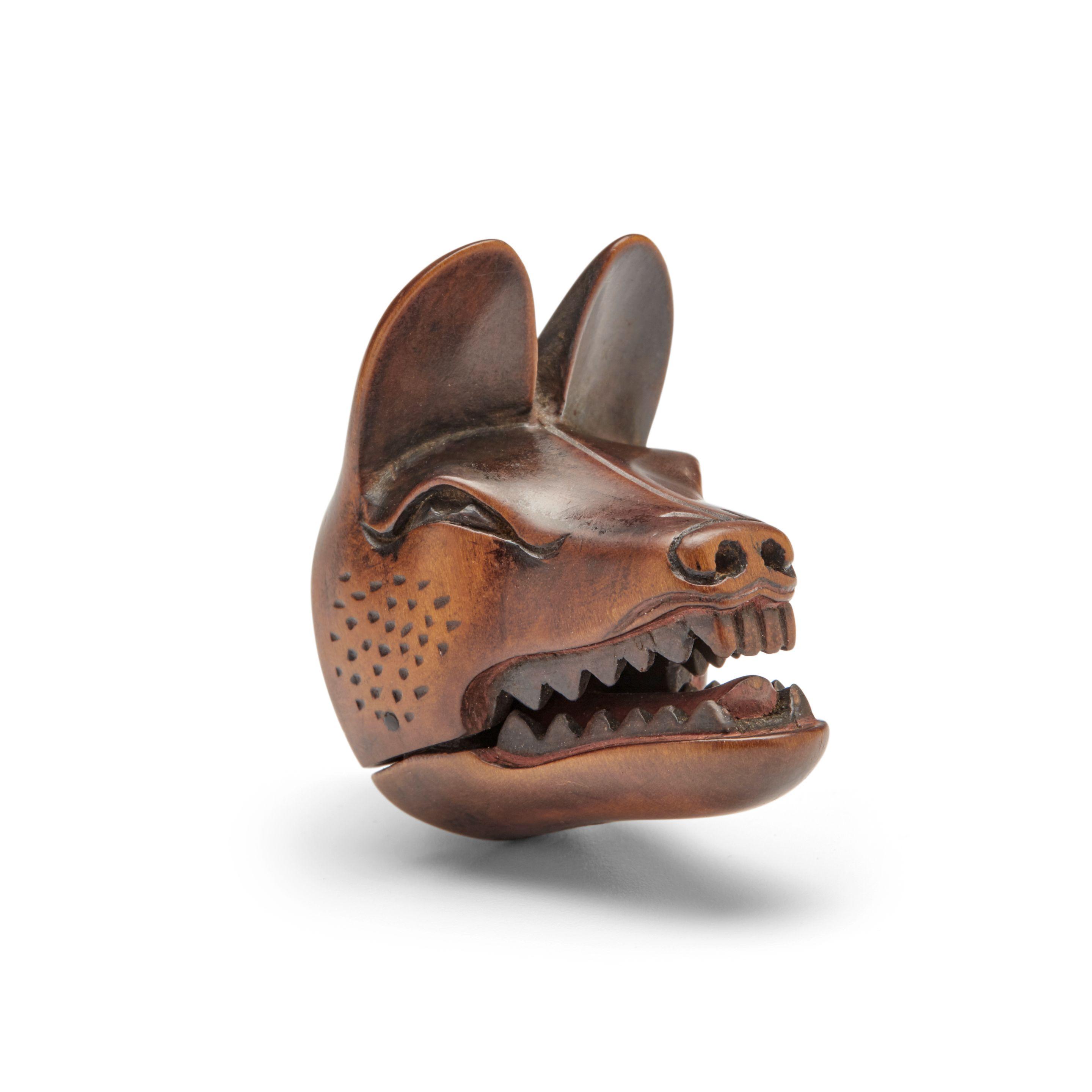 Deme Uman - A wood mask netsuke of kitsune (fox)