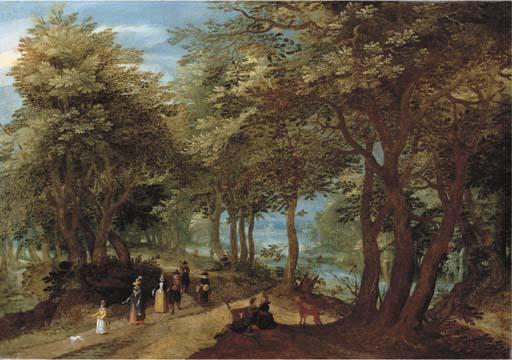 Denijs Van Alsloot - A Wooded Landscape With An Amorous Couple Seated By A Tree And Elegant Company Strolling On A Path Near A River