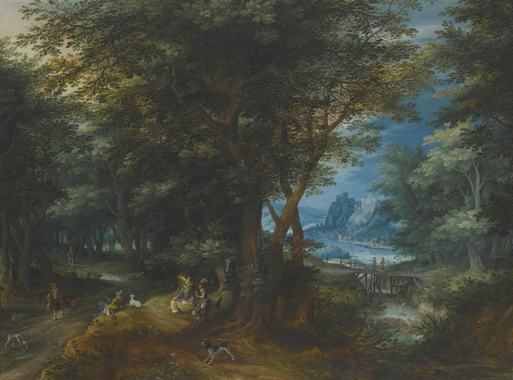 Denijs Van Alsloot - Summer Landscape With A Lady And Gentleman Seated And Sportsmen Returning With Game