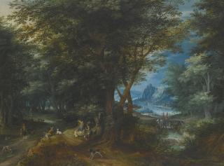 Denijs Van Alsloot - Summer Landscape With A Lady And Gentleman Seated And Sportsmen Returning With Game