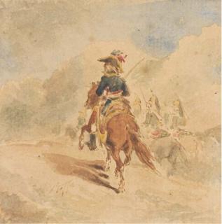 Denis-Auguste-Marie Raffet - Un général de brigade en grande tenue à cheval précédé d\'un peloton de dragons à cheval