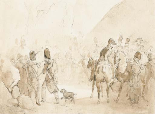 Denis-Auguste-Marie Raffet - Un groupe de cavaliers et de grognards poussant un canon