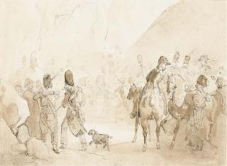 Denis-Auguste-Marie Raffet - Un groupe de cavaliers et de grognards poussant un canon