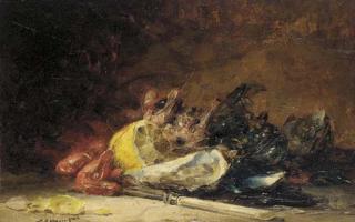 Denis Pierre Bergeret - Oysters, mussels, shrimps and a lemon with a knife on a ledge