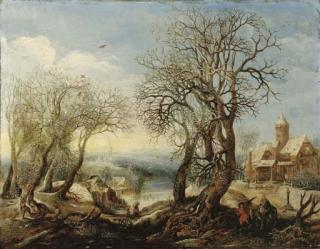 Denis Van Alsloot - An extensive winter river landscape with the Flight into Egypt, a sportsman and his hound, a wood gatherer trundling a wheelbarrow and a peasant woman and her child crossing a bridge, a watermill and an abbey beyond