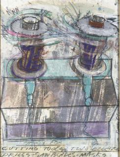 Dennis Oppenheim - Study for cutting tools: two electric drill - saw blades - masks