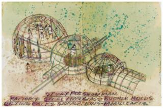 Dennis Oppenheim - »Study for Snowman Factory Steel Frame Glass Rubber Molds Drying Backs Storage Bins - Mobile Carts«. 2-teilig