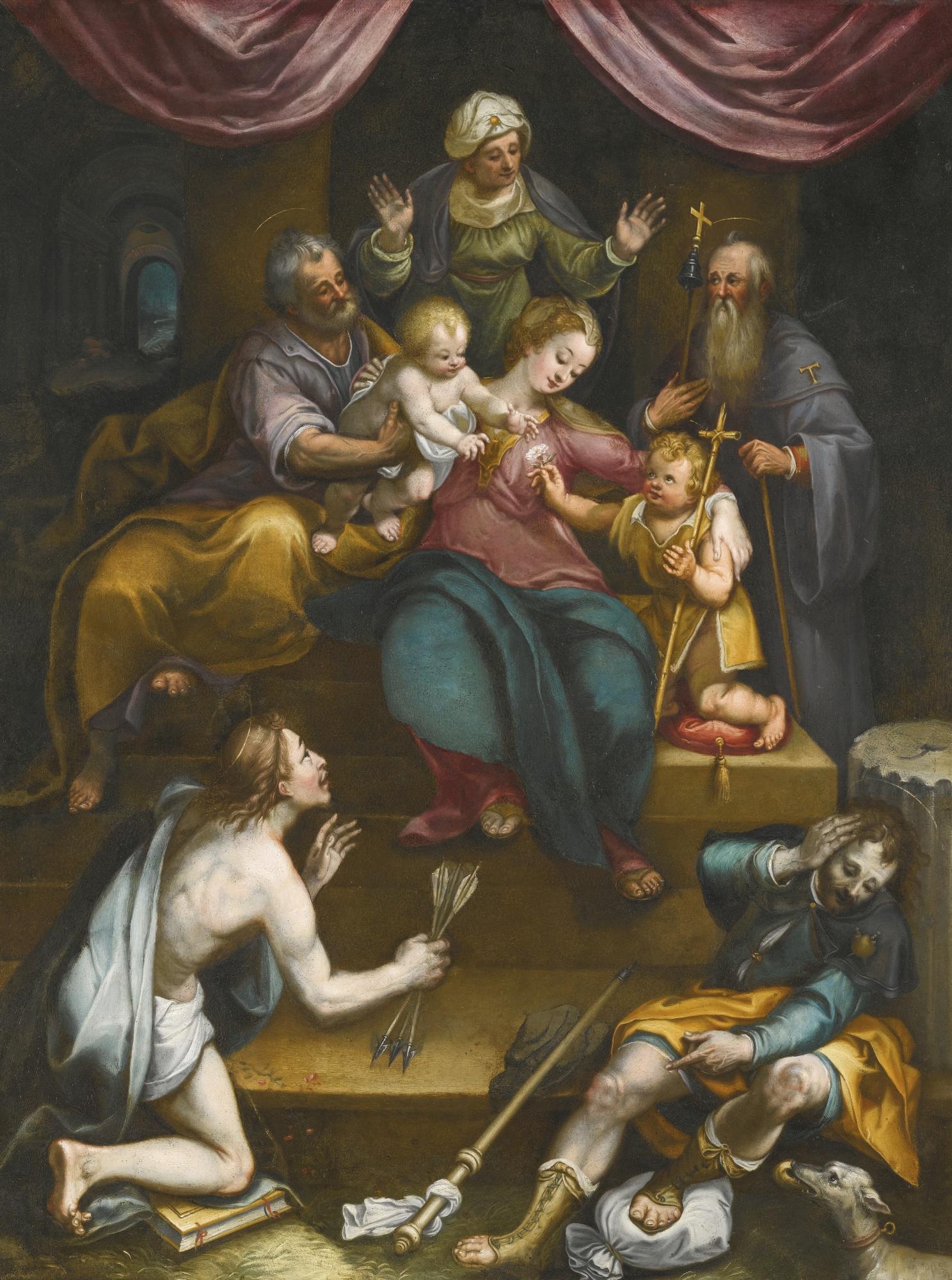 Denys Calvaert - The Holy Family With The Infant Saint John The Baptist And Saint Anne, Together With Saints Anthony Abbot, Sebastian And Roch