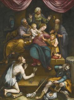 Denys Calvaert - The Holy Family With The Infant Saint John The Baptist And Saint Anne, Together With Saints Anthony Abbot, Sebastian And Roch