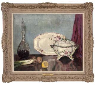 Denys George Wells, V.P.R.B.A. - A porcelain plate and tureen, glass decanter, leeks, onions and a lemon, on a table