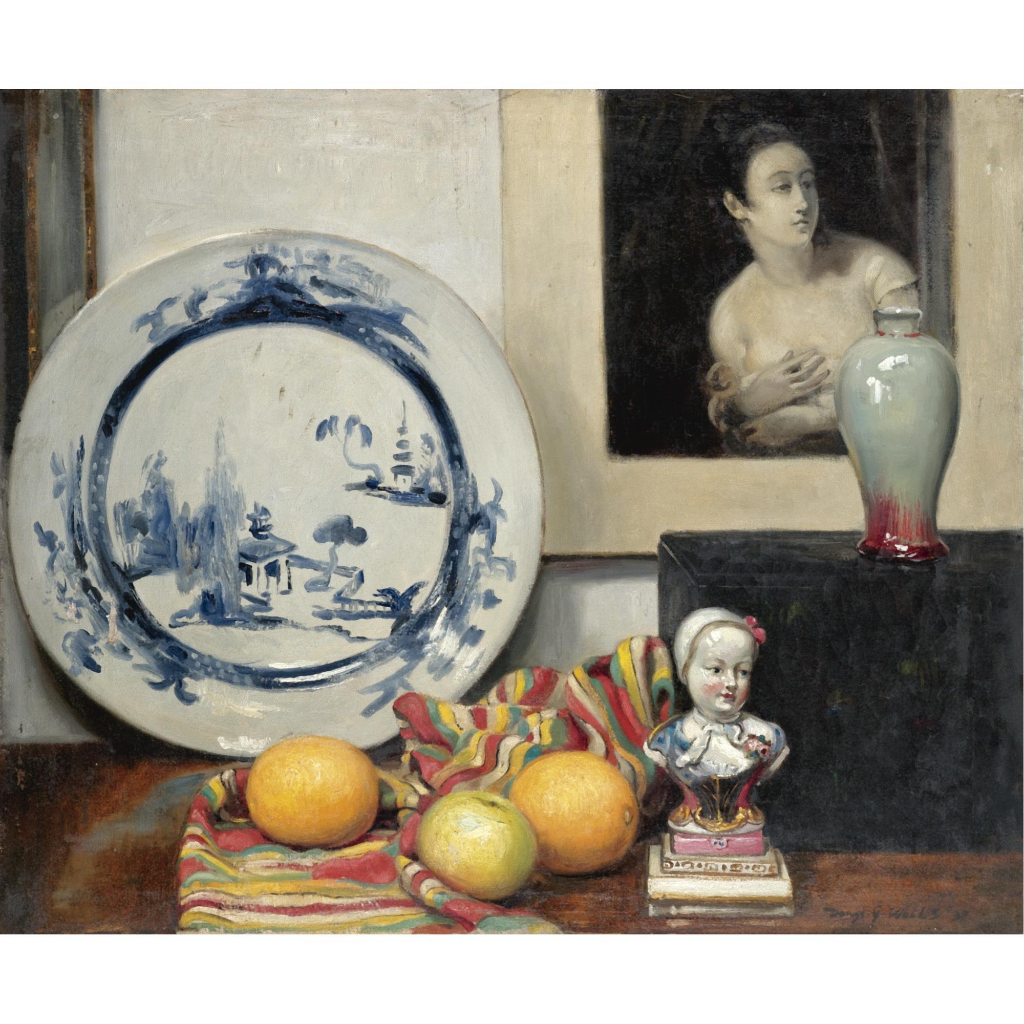 Denys George Wells - Still Life With A Blue & White Dish, Vase And Fruit Of A Striped Cloth