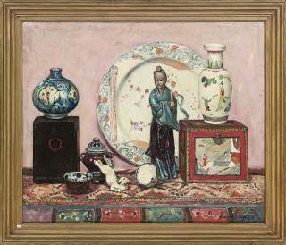 Denys George Wells - Still life with Chinese porcelain plate; and Still life with oriental figurine