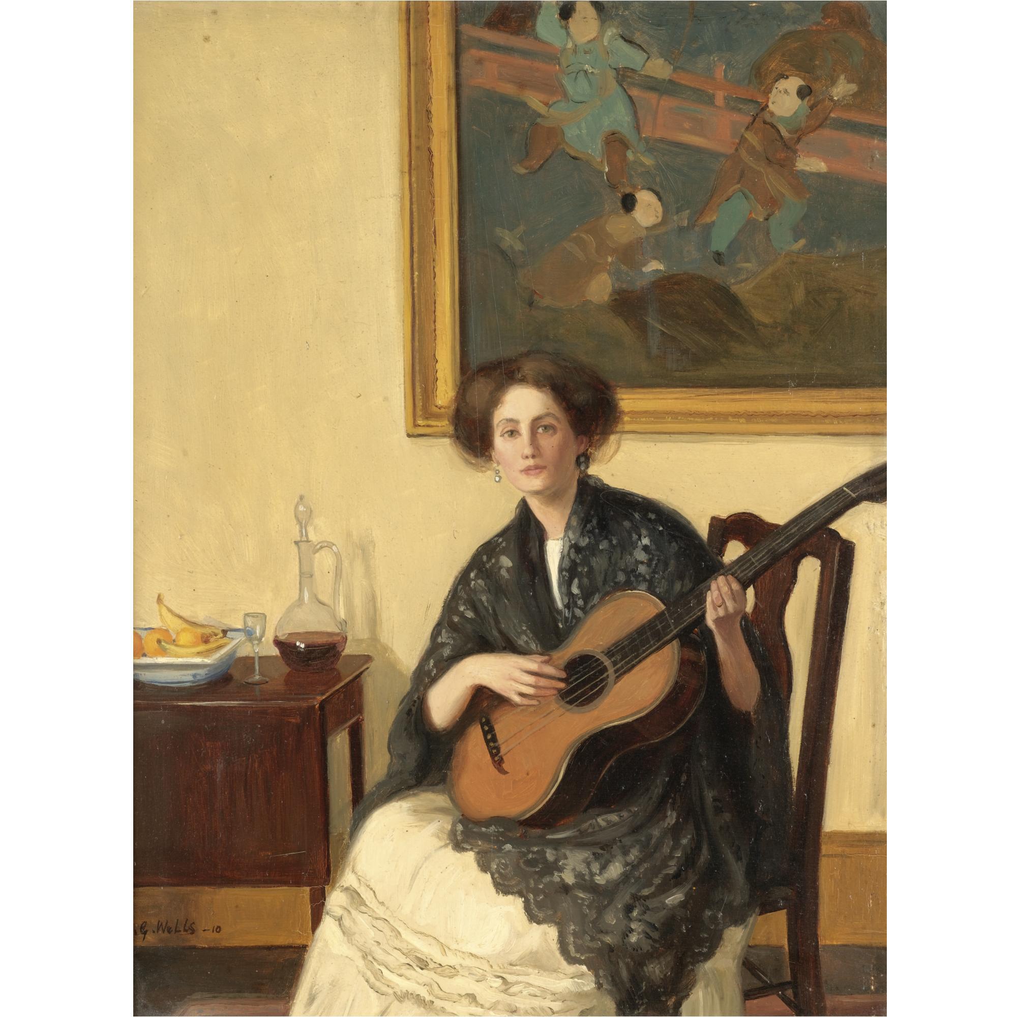 Denys George Wells - The Artist\'S Wife Ethel Playing The Guitar