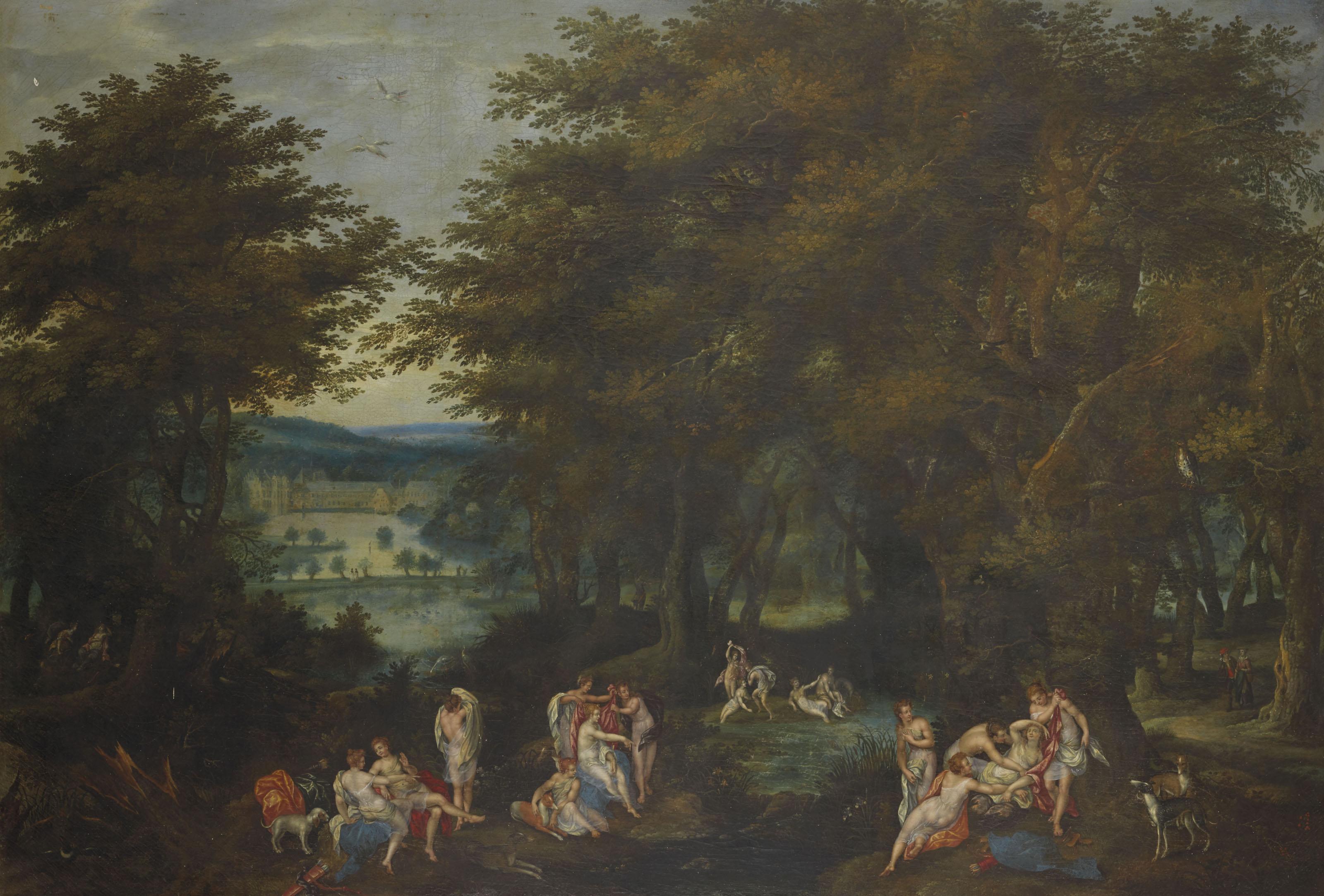 Denys Van Alsloot - Paysage de forêt avec Diane découvrant la grossesse de Callisto, et une vue du prieuré de Groenendael