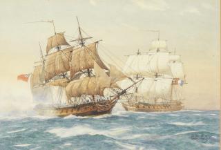 Derek George Montague Gardner - The 32 gun HMS Daedalus in action with the 36 gun French frigate Prudente, 9 th  February 1799