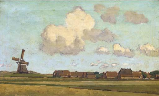 Derk Wiggers - Op Ameland: A Windmill Near A Village On The Island of Ameland