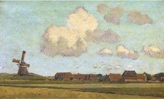 Derk Wiggers - Op Ameland: A Windmill Near A Village On The Island of Ameland