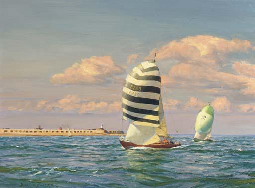 Deryck Foster, R.S.M.A. - Yachts under spinnakers in the tidal gate off Hurst Castle