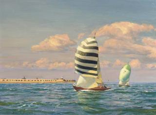 Deryck Foster, R.S.M.A. - Yachts under spinnakers in the tidal gate off Hurst Castle