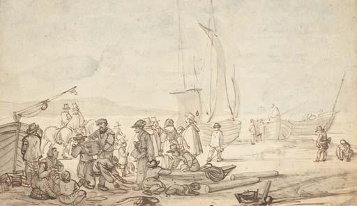 Des personnages sur une côte avec des bâteaux de pêche à l\'arrière plan