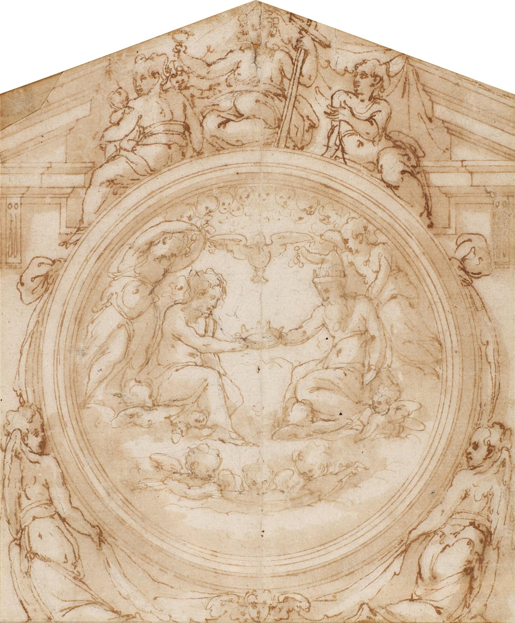 Design for the upper section of an altarpiece with the Holy Trinity flanked by Angels surmounted by the Theological virtues in a pediment