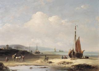 Désiré Donny - A Coastal Scene With Fisherfolk And Bomschuiten