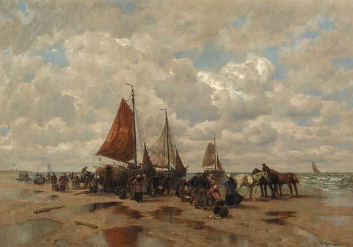 Désiré Thomassin - A beachscene with fisherfolk sorting the catch