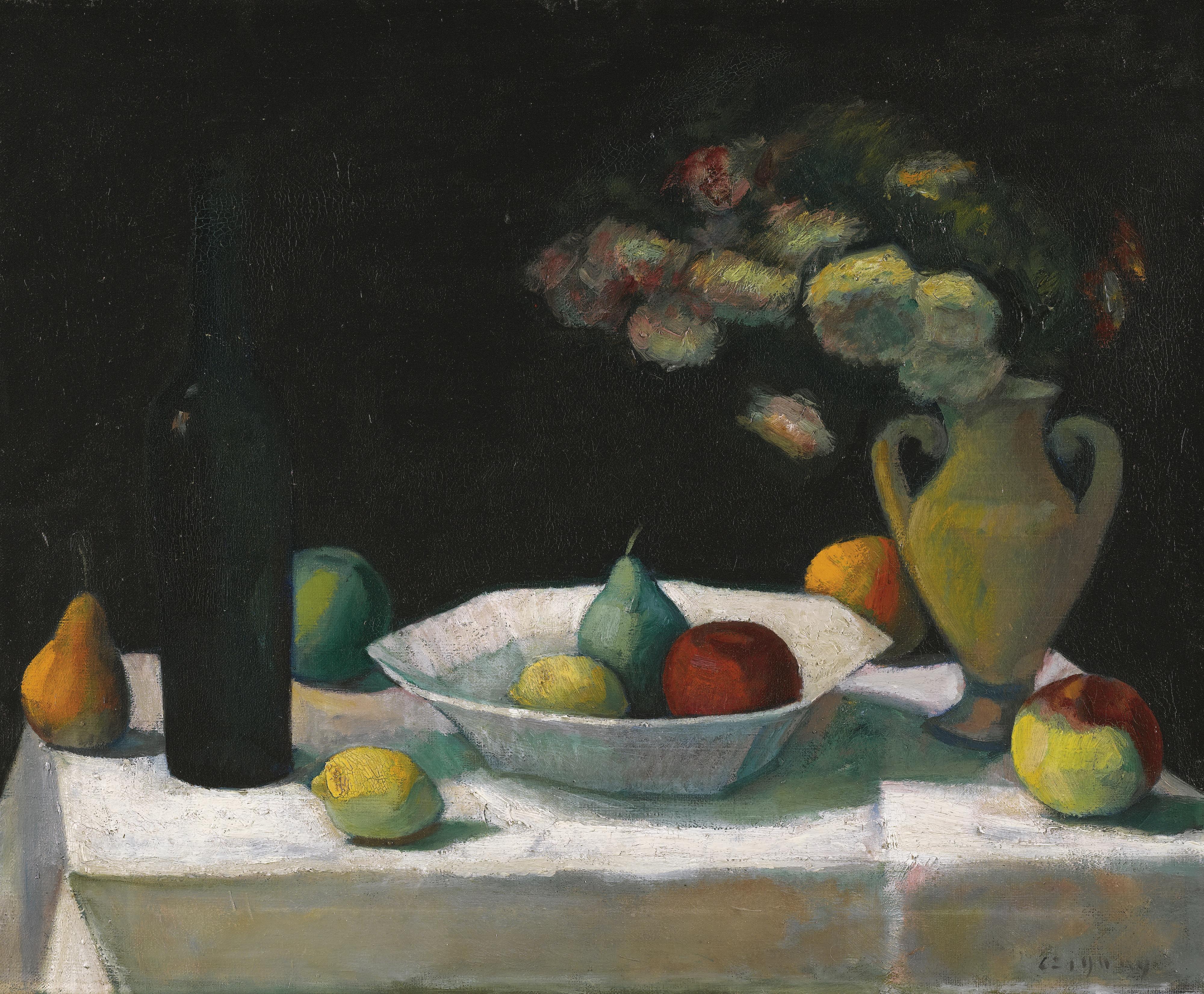 Dezsö Czigány - Hungarian still Life With Bottle And Fruit