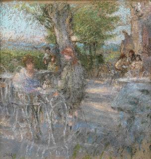 Diana Maxwell Armfield R.A. - Morning Sunshine in Kew together with a further pastel on paper, On the Terrace, L\'Auberge de la Gloriette, by the same hand