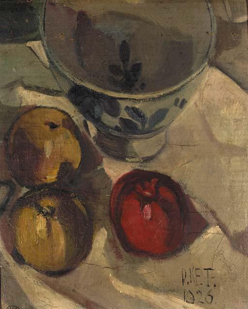 Dick Ket - A still life with apples and a delftware bowl