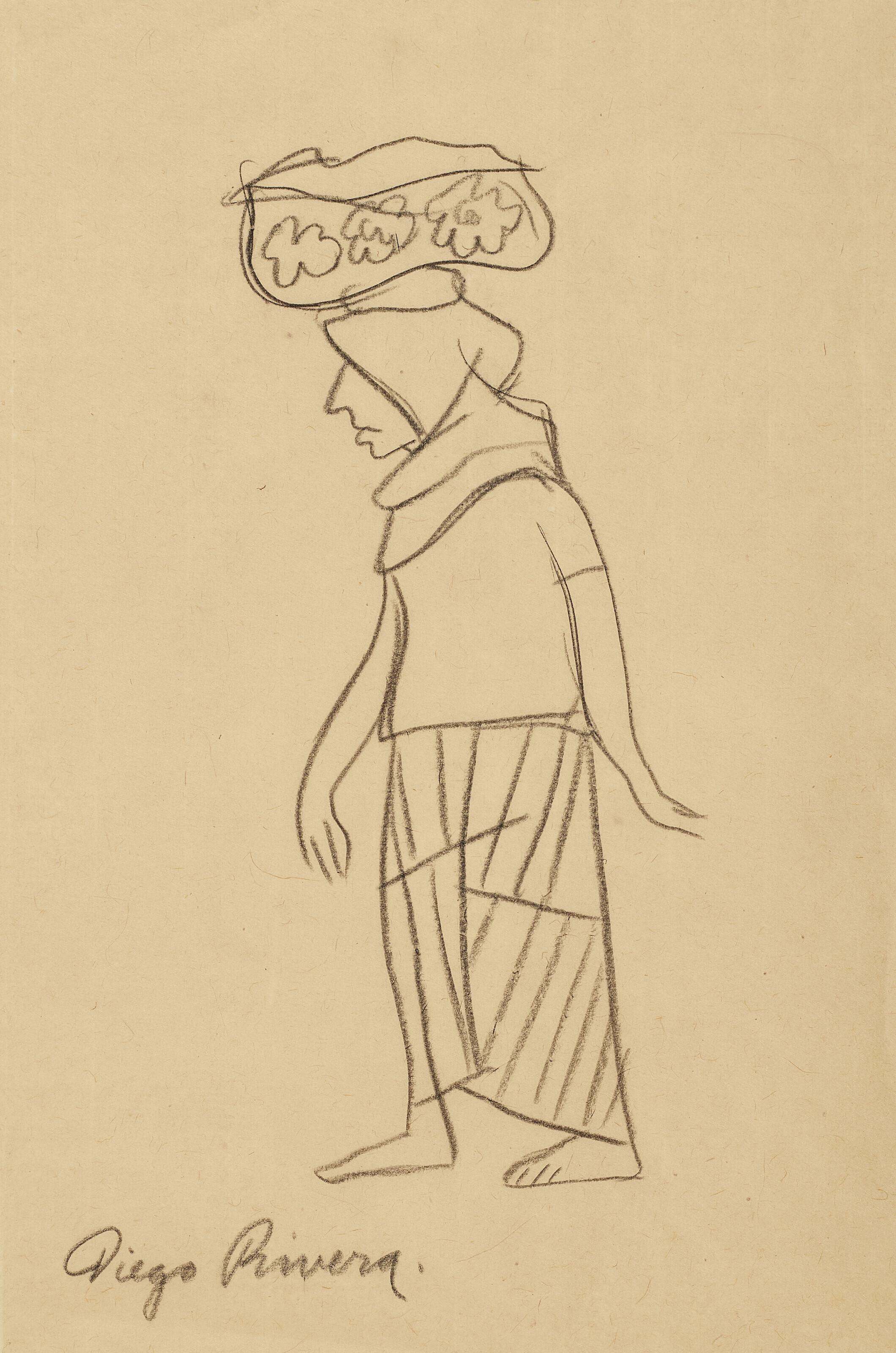 Diego Rivera - Apunte de mujer cargando canasta con flores