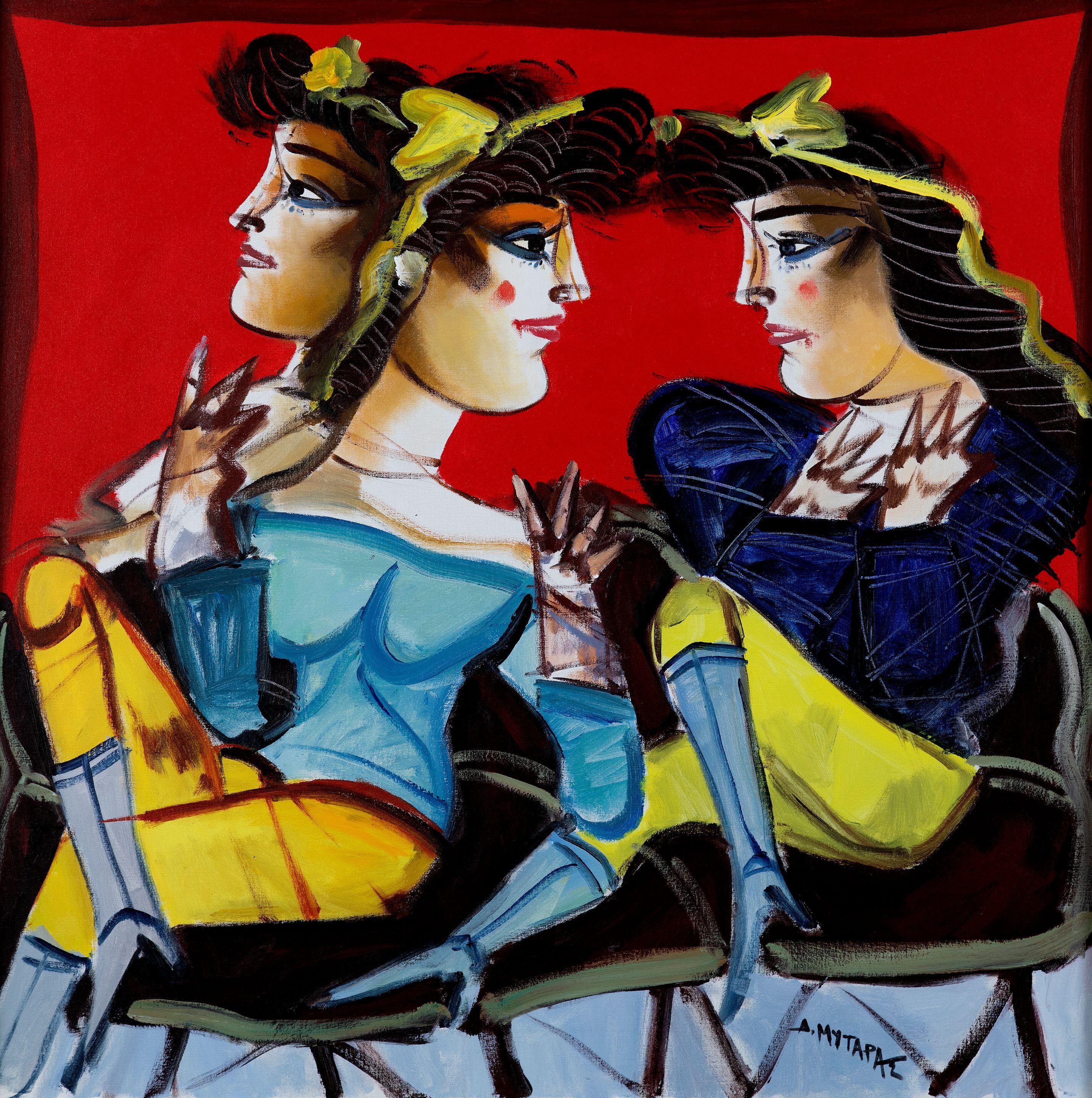 Dimitris Mytaras - Trois femmes sur fond rouge
