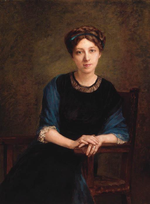 Diogène Ulysse Napoléon Maillart - Portrait Of A Lady, Said To Be Alice Dorchy, Half-Length, Seated, Wearing A Blue Dress And Blue Head-Band