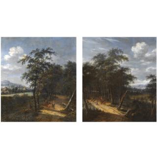 Dionijs Verburgh - A Bosky Landscape With Figures On A Path In The Foreground Playing Hide-And-Seek; A Bosky Landscape With Figures On A Path In The Foreground